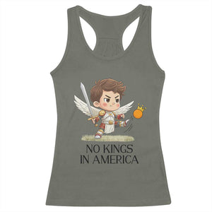 No Kings In America Racerback Tank Top Funny Saint Michael Kicking Crown TS12 Military Green Print Your Wear