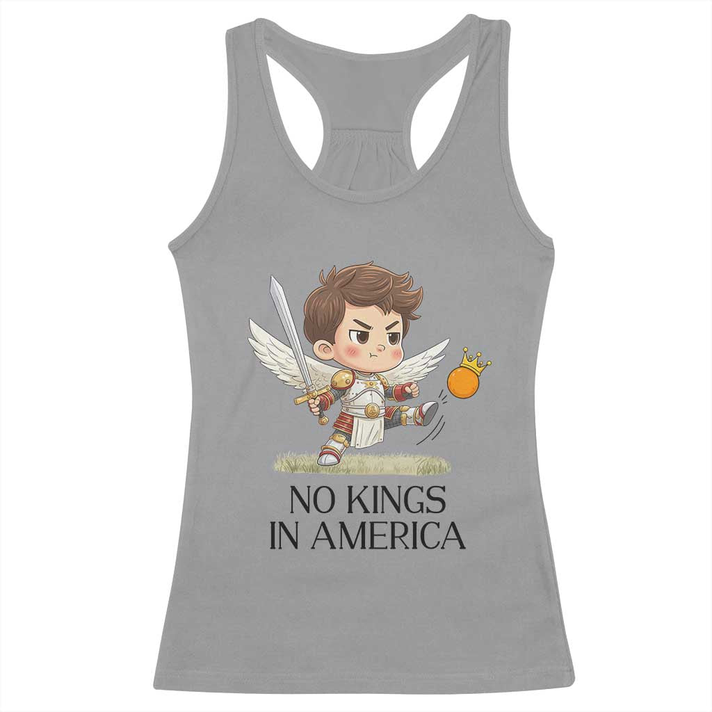 No Kings In America Racerback Tank Top Funny Saint Michael Kicking Crown TS12 Sport Gray Print Your Wear