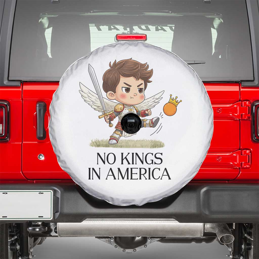 No Kings In America Spare Tire Cover Funny Saint Michael Kicking Crown TS12 White Print Your Wear