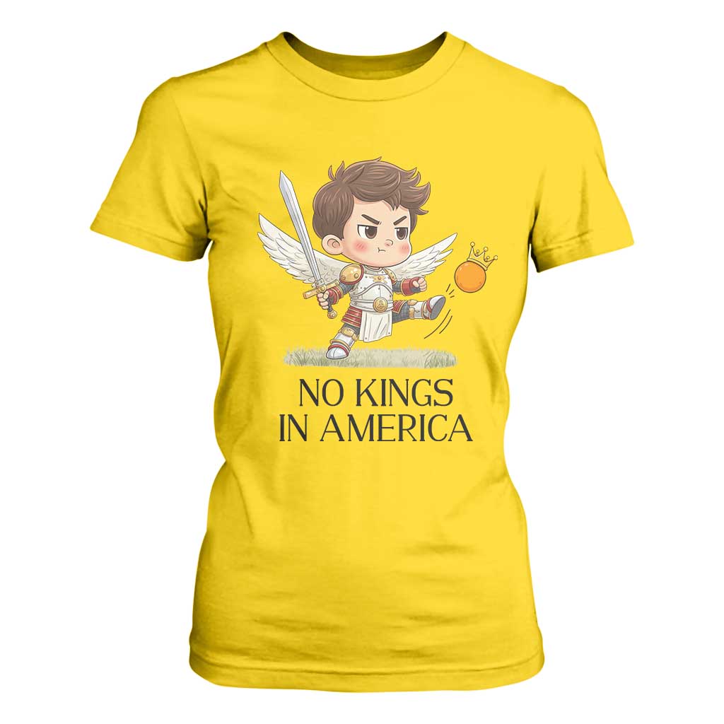 No Kings In America T Shirt For Women Funny Saint Michael Kicking Crown TS12 Daisy Print Your Wear