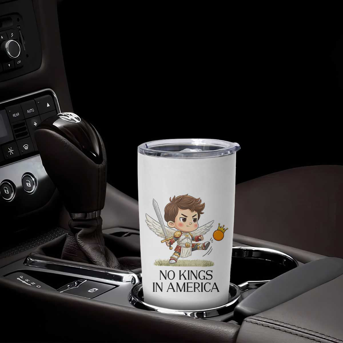 No Kings In America Tumbler Cup Funny Saint Michael Kicking Crown TS12 Print Your Wear