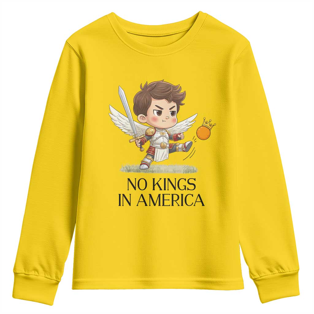 No Kings In America Youth Sweatshirt Funny Saint Michael Kicking Crown TS12 Daisy Print Your Wear