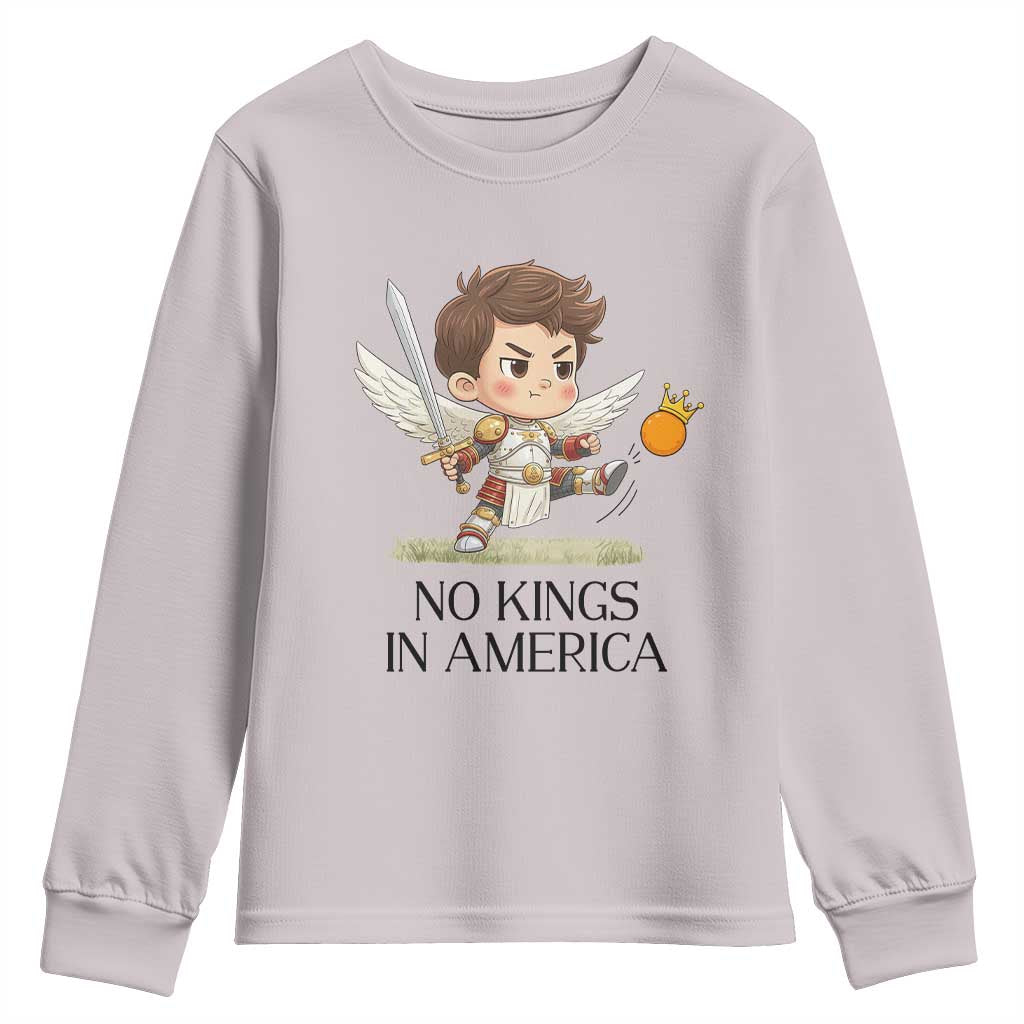 No Kings In America Youth Sweatshirt Funny Saint Michael Kicking Crown TS12 Ice Gray Print Your Wear