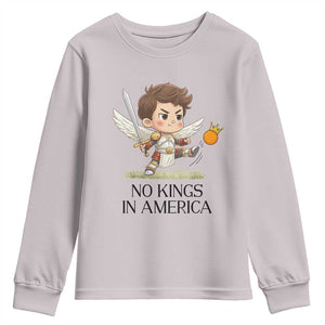 No Kings In America Youth Sweatshirt Funny Saint Michael Kicking Crown TS12 Ice Gray Print Your Wear