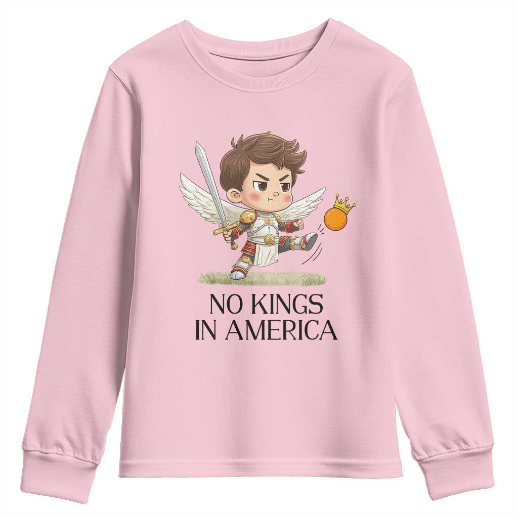 No Kings In America Youth Sweatshirt Funny Saint Michael Kicking Crown TS12 Light Pink Print Your Wear