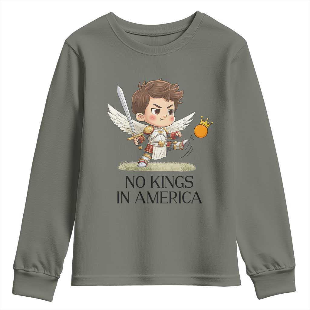 No Kings In America Youth Sweatshirt Funny Saint Michael Kicking Crown TS12 Military Green Print Your Wear