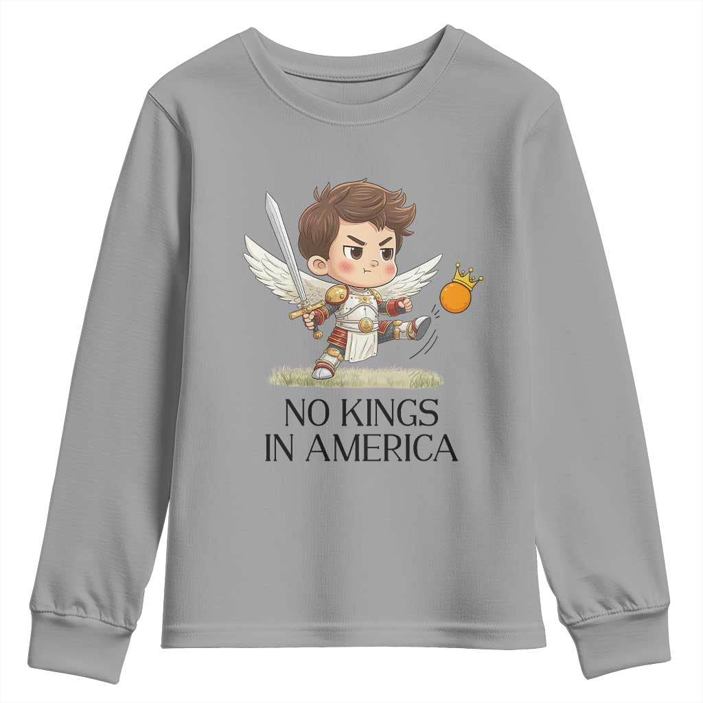 No Kings In America Youth Sweatshirt Funny Saint Michael Kicking Crown TS12 Sport Gray Print Your Wear