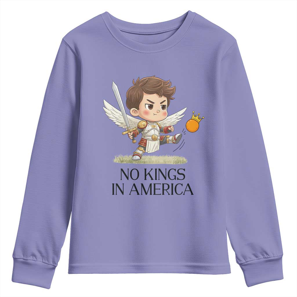 No Kings In America Youth Sweatshirt Funny Saint Michael Kicking Crown TS12 Violet Print Your Wear