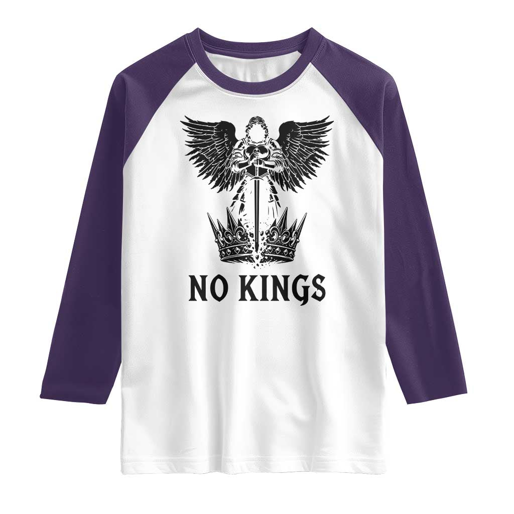 No Kings Raglan Shirt St Michael Archangel Victory Over Tyranny TS12 White Purple Print Your Wear