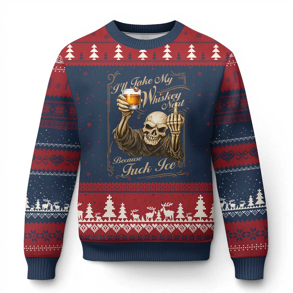 Skeleton Whiskey Ugly Christmas Sweater I Will Take My Whiskey Neat No Ice TS12 Navy Red Print Your Wear