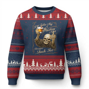 Skeleton Whiskey Ugly Christmas Sweater I Will Take My Whiskey Neat No Ice TS12 Navy Red Print Your Wear