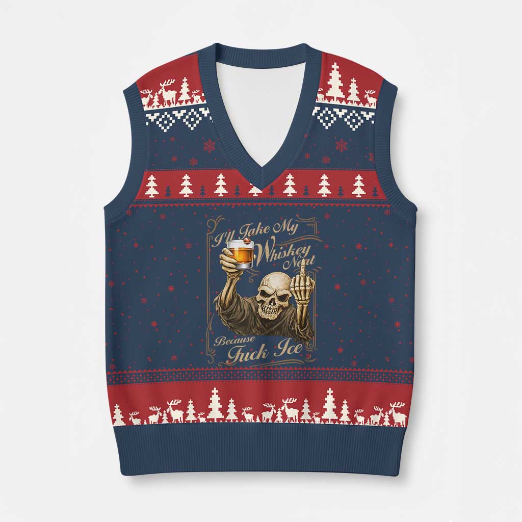 Skeleton Whiskey V-Neck Knit Sweater Vest I Will Take My Whiskey Neat No Ice TS12 Navy Red Print Your Wear