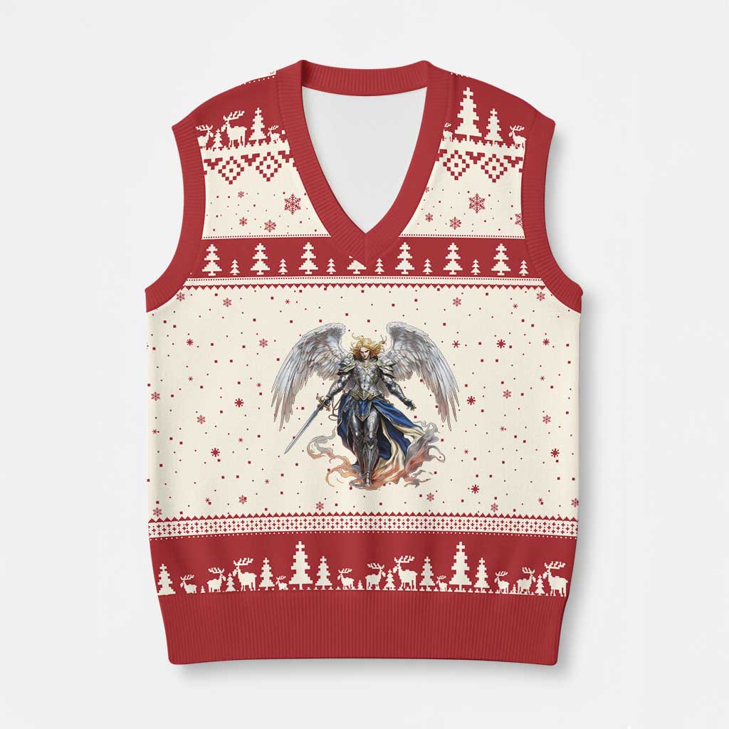 Archangel Saint Michael Warrior V-Neck Knit Sweater Vest Catholic Protection Gift TS12 Beige Red Print Your Wear
