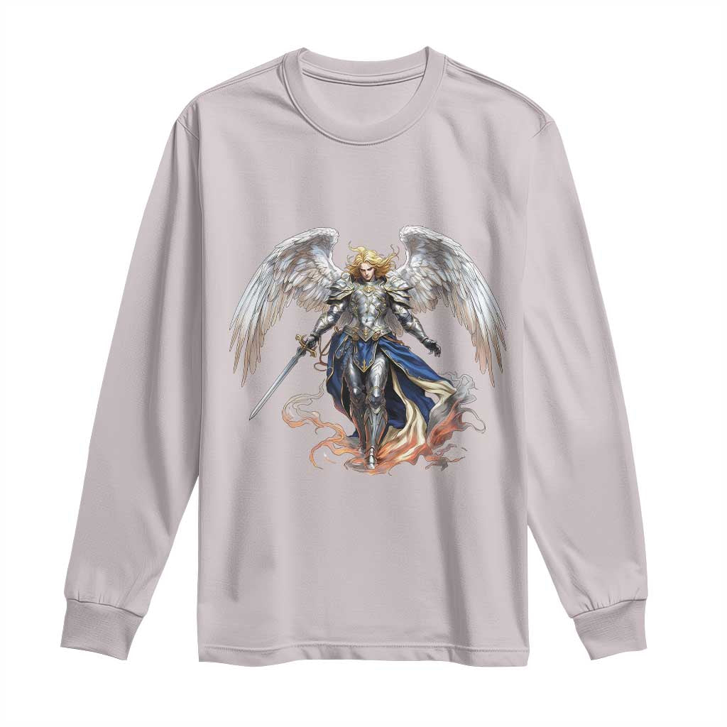 Archangel Saint Michael Warrior Long Sleeve Shirt Catholic Protection Gift TS12 Ice Gray Print Your Wear
