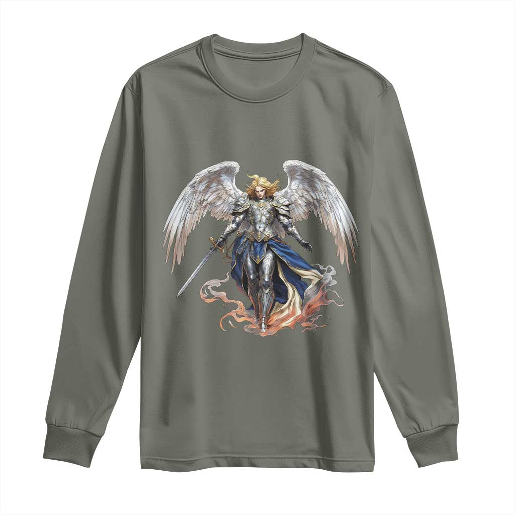 Archangel Saint Michael Warrior Long Sleeve Shirt Catholic Protection Gift TS12 Military Green Print Your Wear