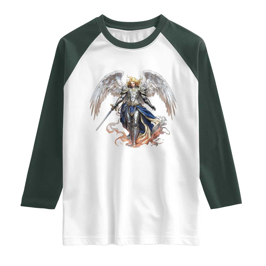 Archangel Saint Michael Warrior Raglan Shirt Catholic Protection Gift TS12 White Dark Forest Green Print Your Wear