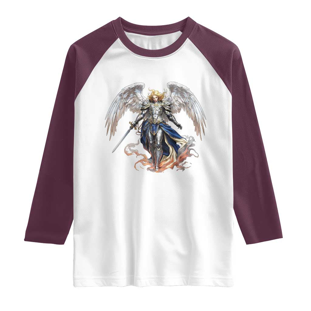 Archangel Saint Michael Warrior Raglan Shirt Catholic Protection Gift TS12 White Maroon Print Your Wear