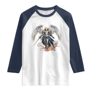 Archangel Saint Michael Warrior Raglan Shirt Catholic Protection Gift TS12 White Navy Print Your Wear