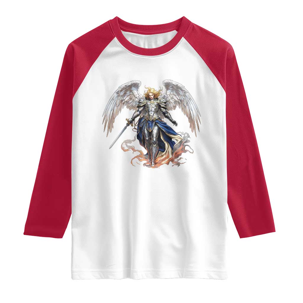 Archangel Saint Michael Warrior Raglan Shirt Catholic Protection Gift TS12 White Red Print Your Wear