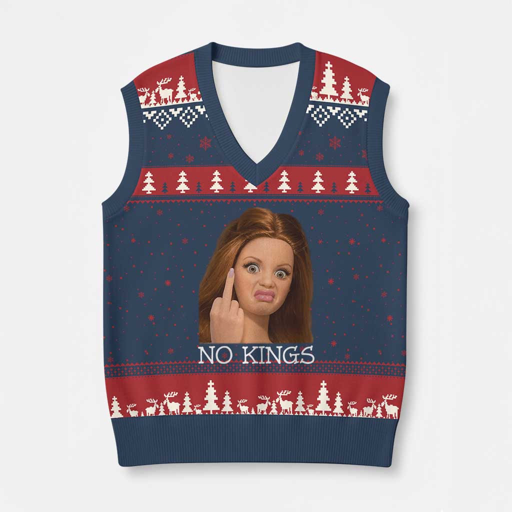 No Kings V-Neck Knit Sweater Vest Funny Disgusted Doll Face Meme TS12 Navy Red Print Your Wear
