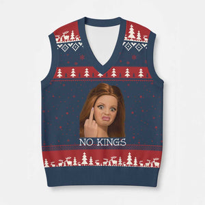 No Kings V-Neck Knit Sweater Vest Funny Disgusted Doll Face Meme TS12 Navy Red Print Your Wear