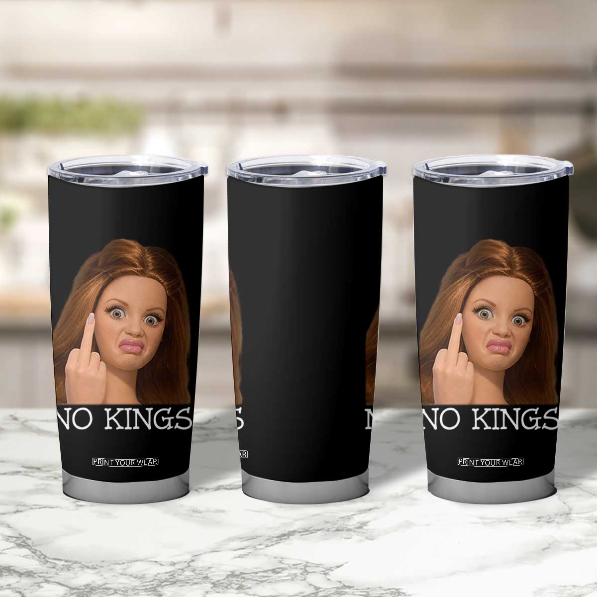 No Kings Tumbler Cup Funny Disgusted Doll Face Meme TS12 Print Your Wear