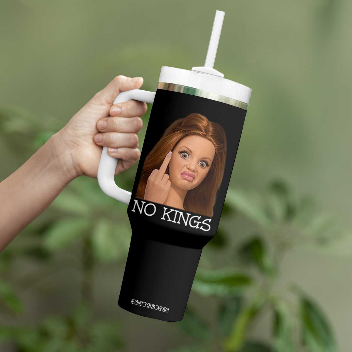 No Kings Tumbler With Handle Funny Disgusted Doll Face Meme TS12 Print Your Wear