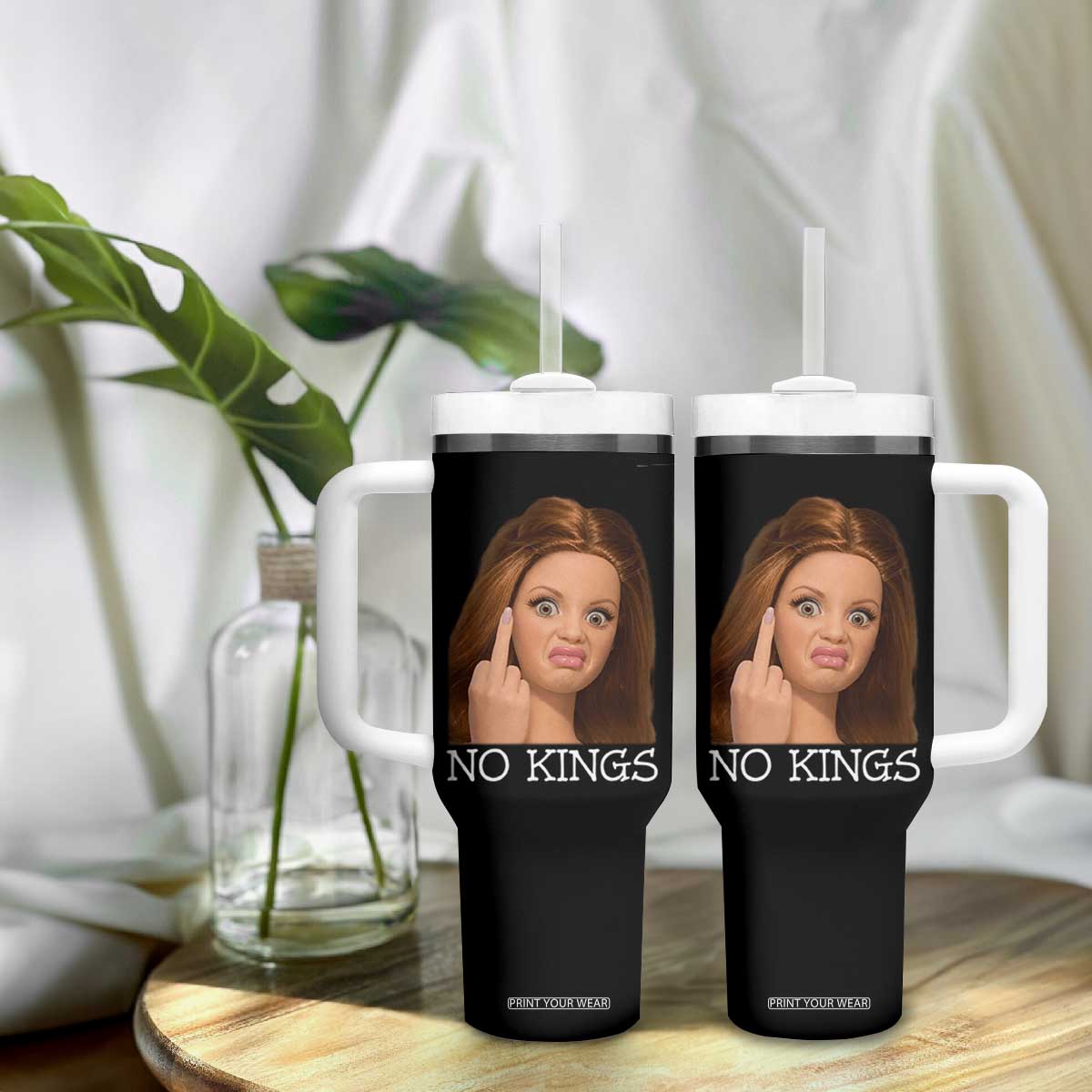 No Kings Tumbler With Handle Funny Disgusted Doll Face Meme TS12 Print Your Wear