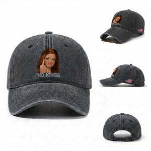 No Kings Washed Cotton Baseball Cap Funny Disgusted Doll Face Meme TS12 Washed Cap Universal Fit Dark Gray Print Your Wear
