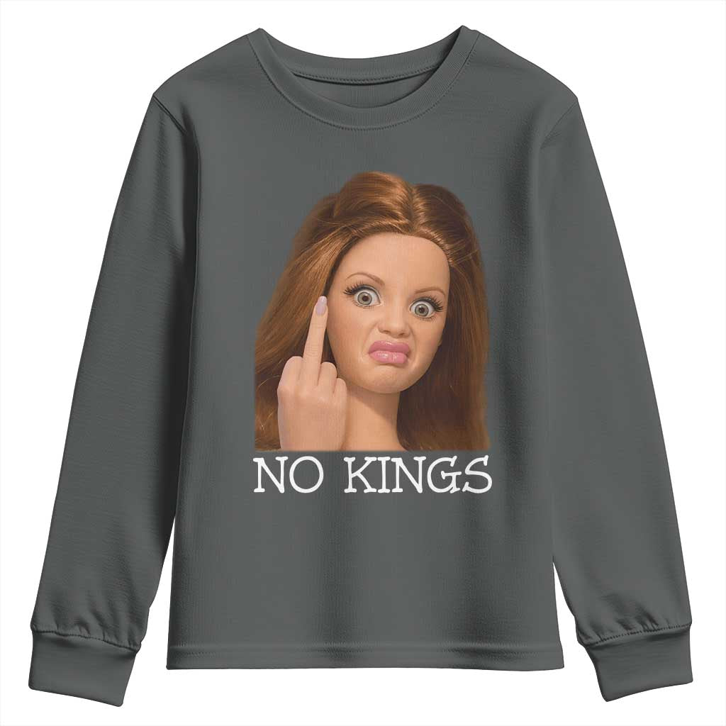 No Kings Youth Sweatshirt Funny Disgusted Doll Face Meme TS12 Dark Heather Print Your Wear