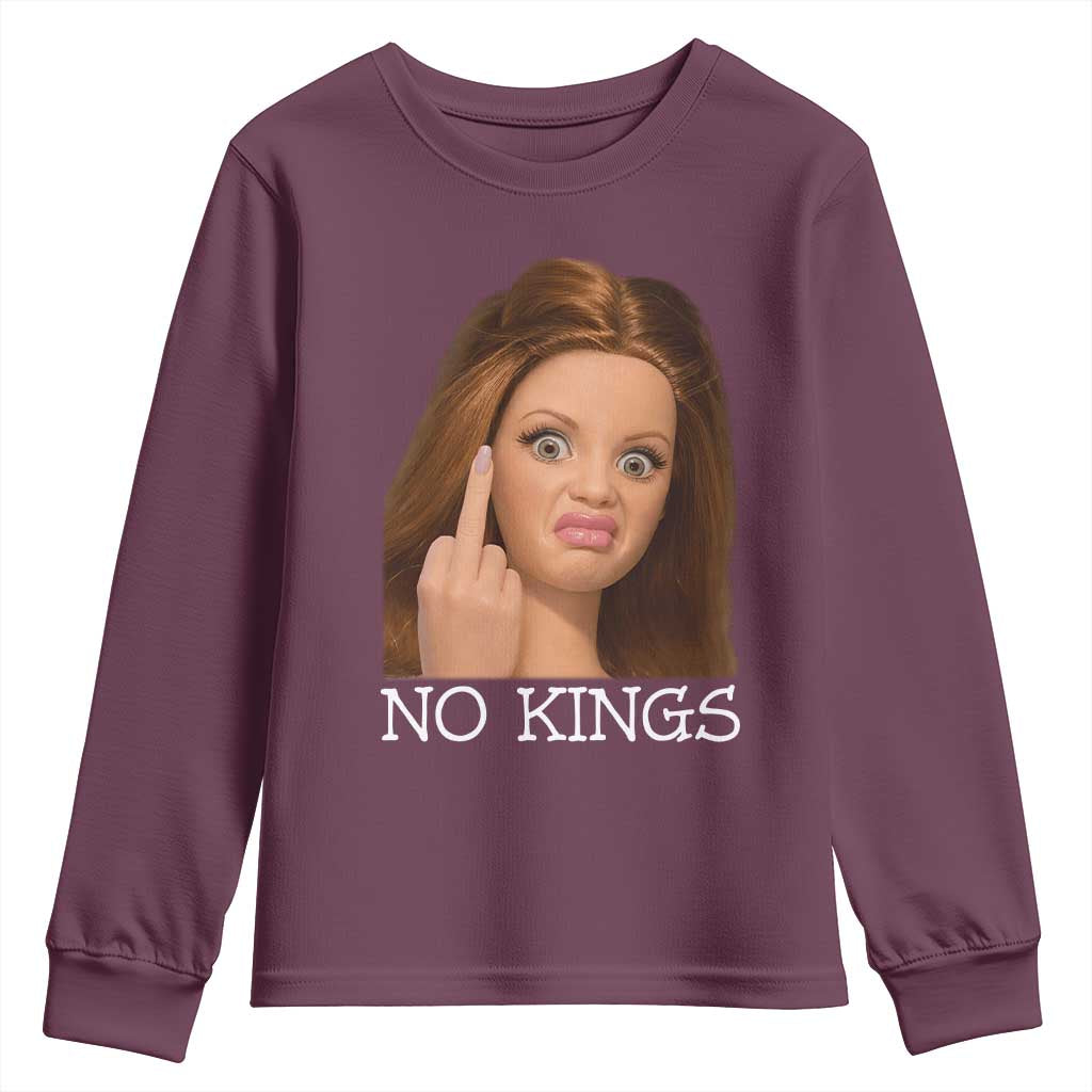 No Kings Youth Sweatshirt Funny Disgusted Doll Face Meme TS12 Maroon Print Your Wear