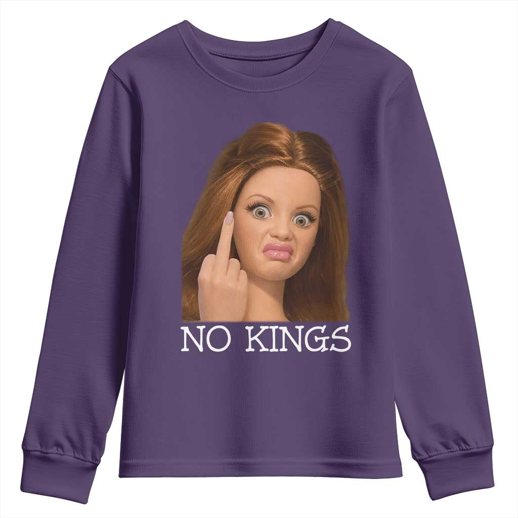 No Kings Youth Sweatshirt Funny Disgusted Doll Face Meme TS12 Purple Print Your Wear