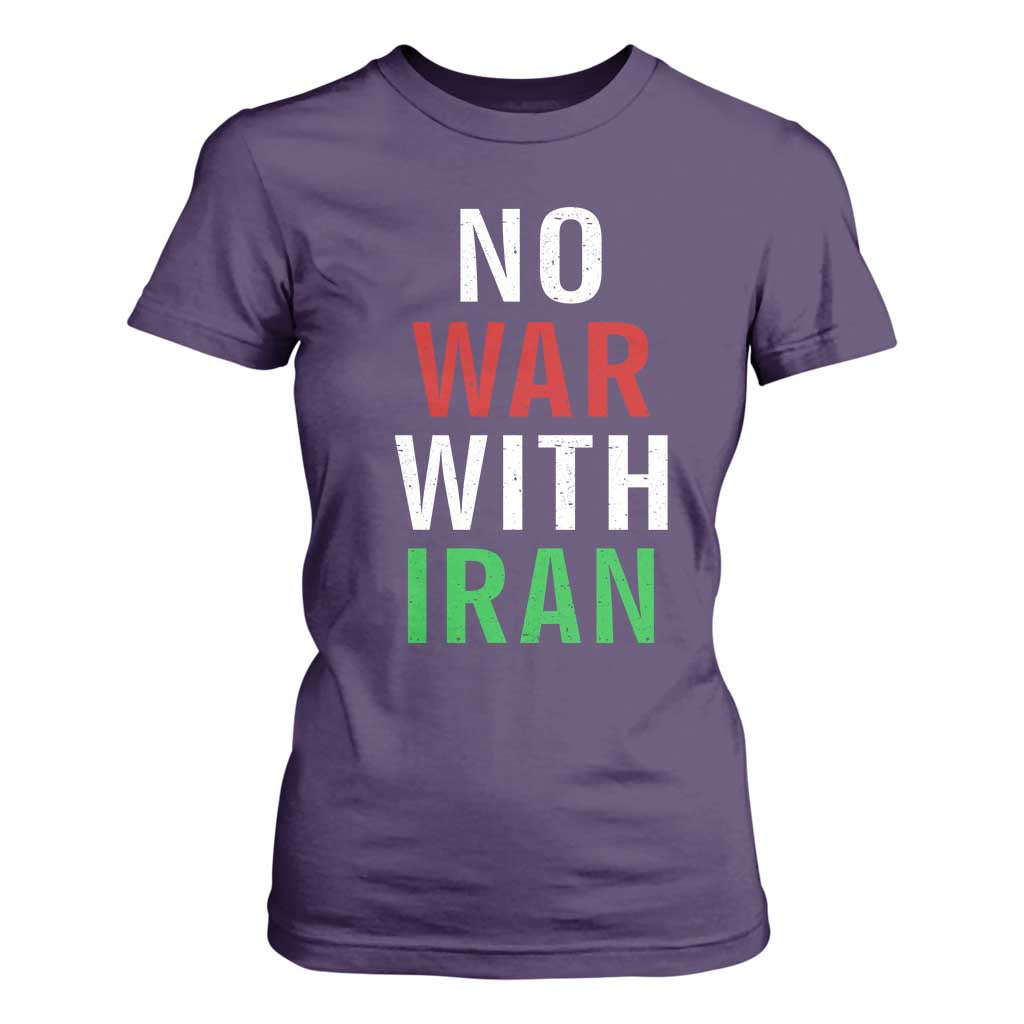 No War With Iran T Shirt For Women Anti War Political Protest Statement TS12 Purple Print Your Wear