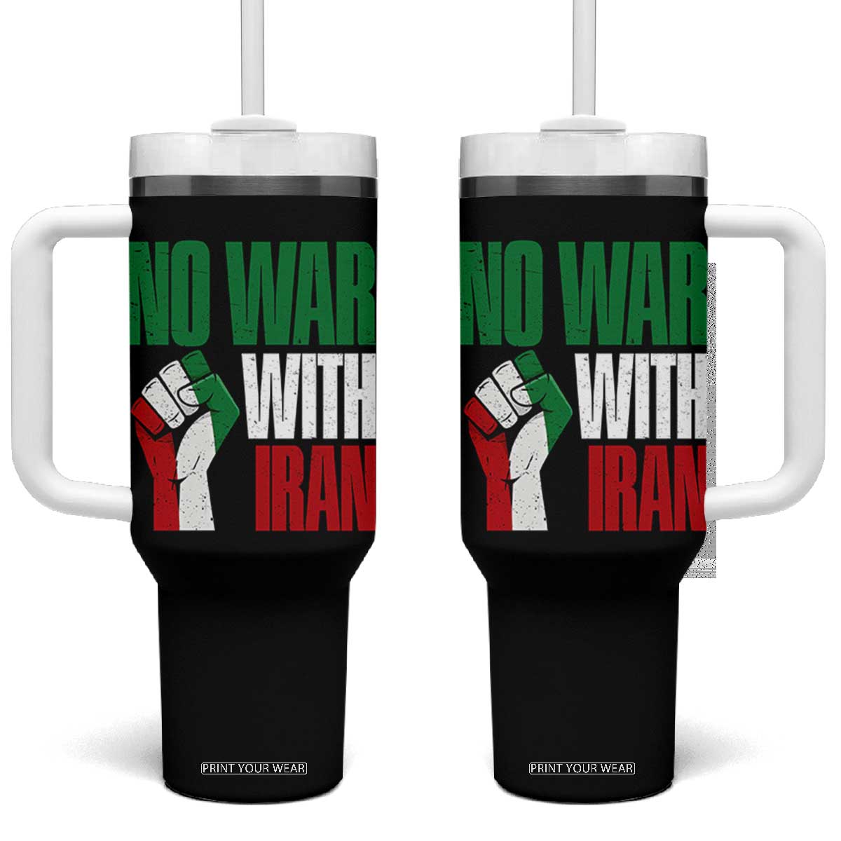 No War With Iran Tumbler With Handle Peace Activist Gift TS12 One Size: 40 oz Black Print Your Wear