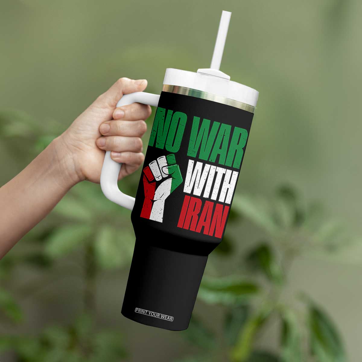 No War With Iran Tumbler With Handle Peace Activist Gift TS12 Print Your Wear