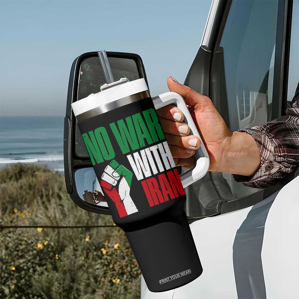 No War With Iran Tumbler With Handle Peace Activist Gift TS12 Print Your Wear