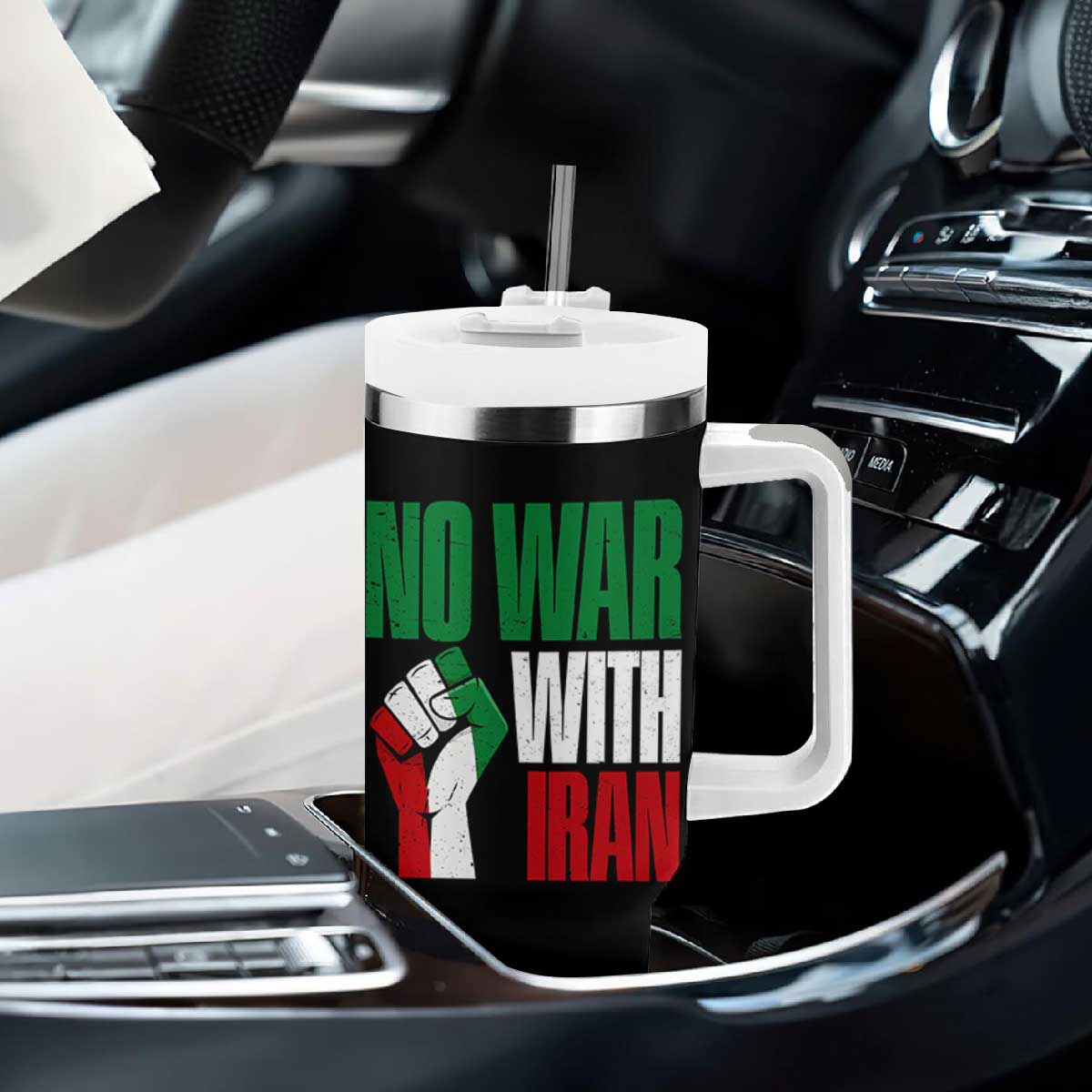 No War With Iran Tumbler With Handle Peace Activist Gift TS12 Print Your Wear