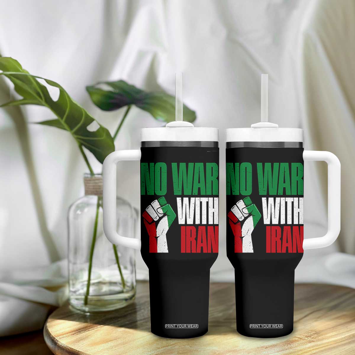 No War With Iran Tumbler With Handle Peace Activist Gift TS12 Print Your Wear