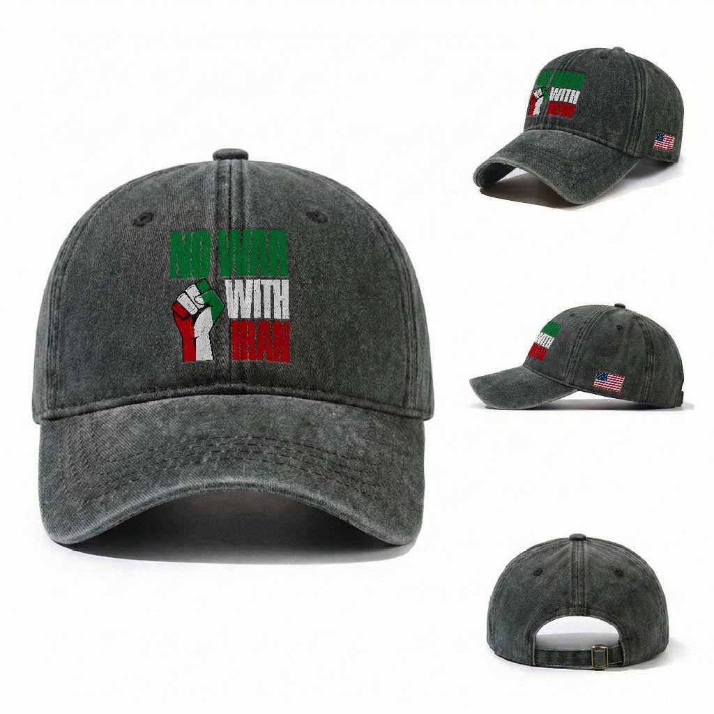 No War With Iran Washed Cotton Baseball Cap Peace Activist Gift TS12 Washed Cap Universal Fit Dark Green Print Your Wear