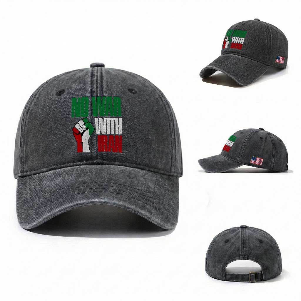 No War With Iran Washed Cotton Baseball Cap Peace Activist Gift TS12 Washed Cap Universal Fit Dark Gray Print Your Wear
