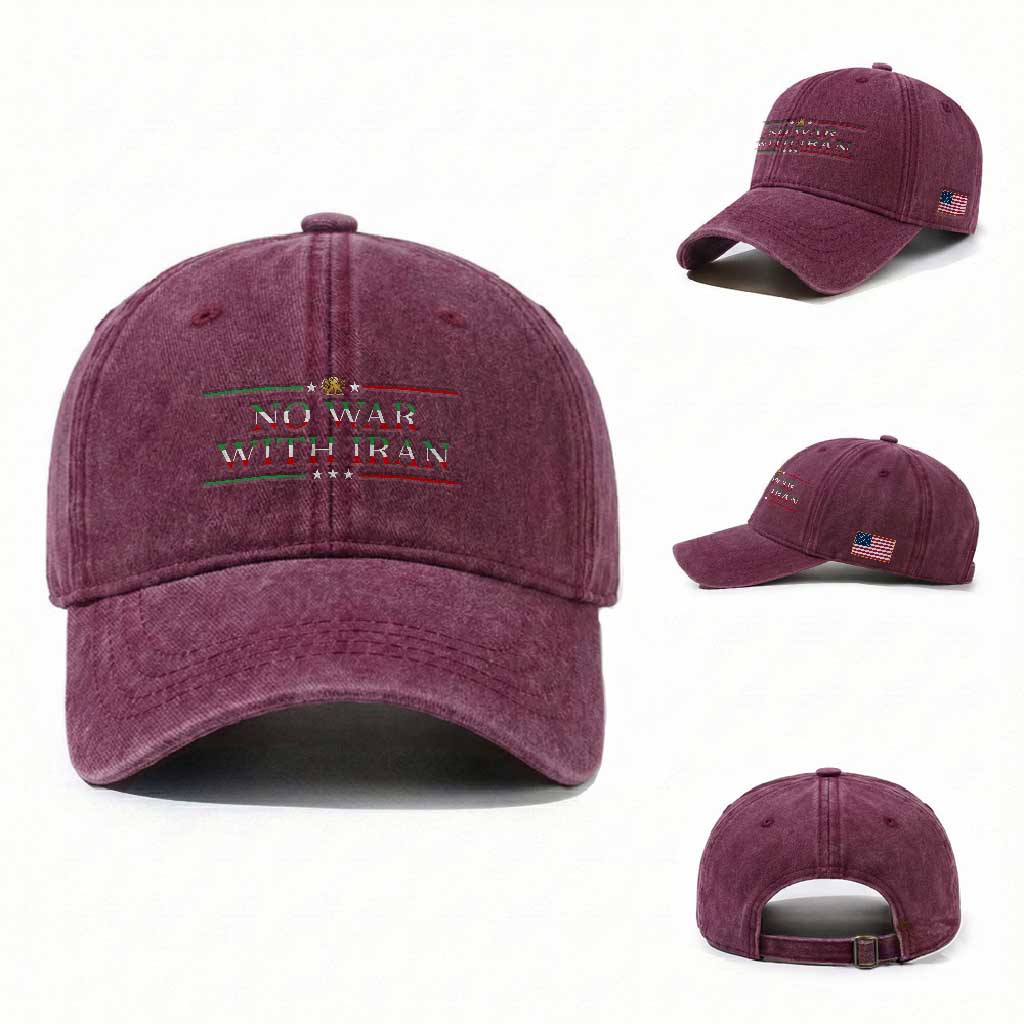 No War With Iran Peace Statement Gift Washed Cotton Baseball Cap TS12 Washed Cap Universal Fit Burgundy Print Your Wear