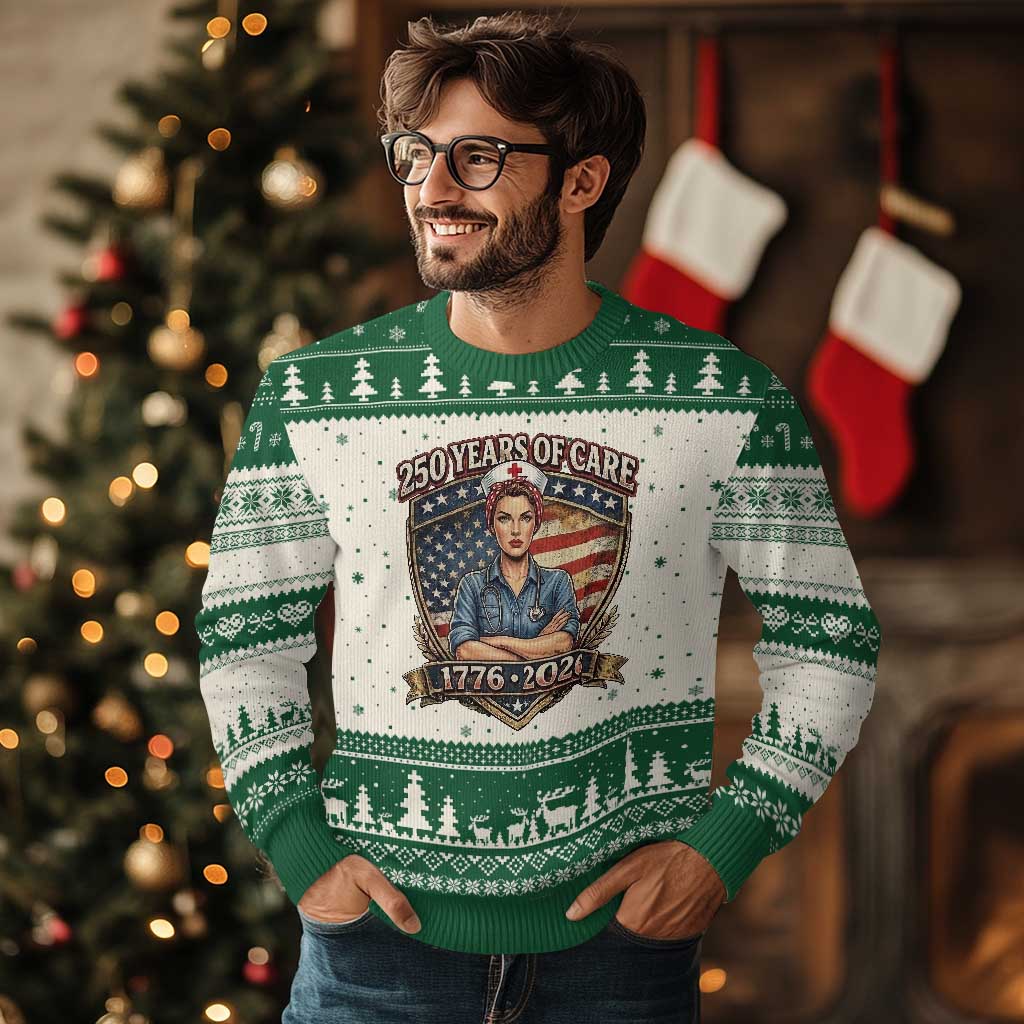 Patriotic Nurse Celebrating 250 Years Of Care Gift Ugly Christmas Sweater TS12 Beige Green Print Your Wear