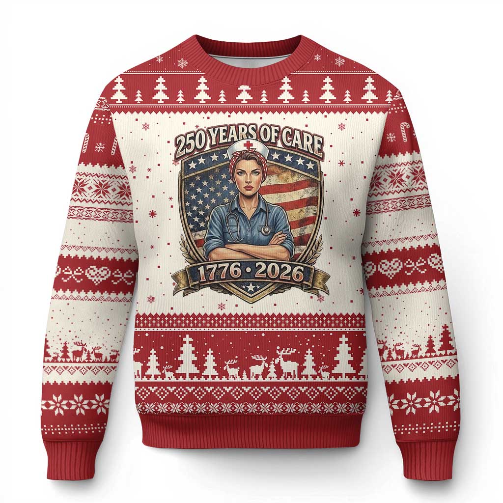Patriotic Nurse Celebrating 250 Years Of Care Gift Ugly Christmas Sweater TS12 Beige Red Print Your Wear