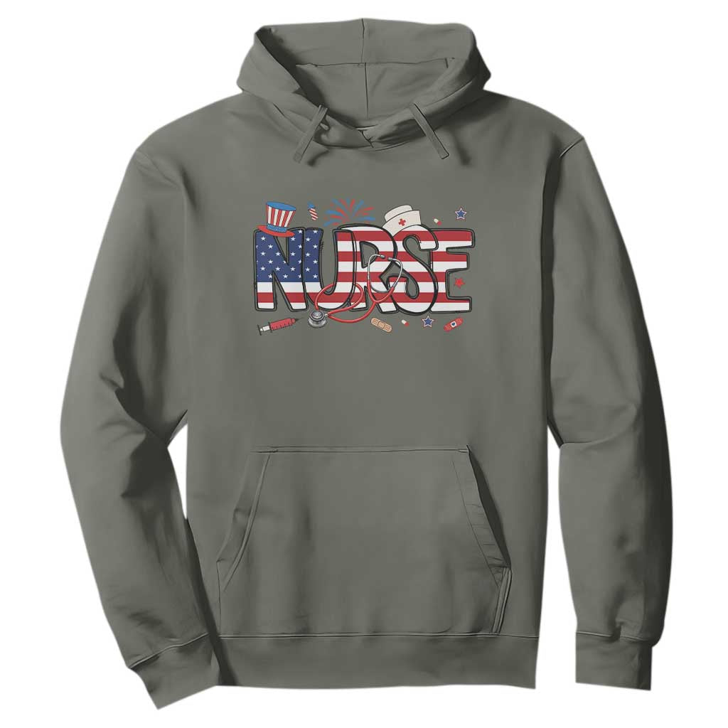 USA 250 Proud American Nurse Hoodie Patriotic Healthcare Hero TS12 Military Green Print Your Wear