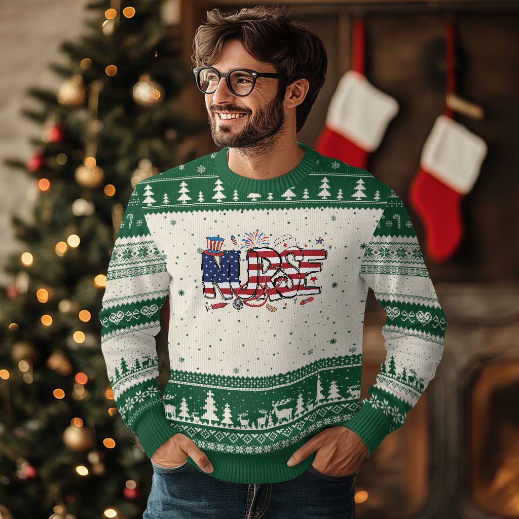 USA 250 Proud American Nurse Ugly Christmas Sweater Patriotic Healthcare Hero TS12 Beige Green Print Your Wear