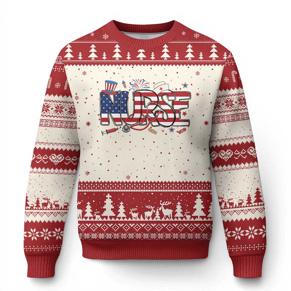 USA 250 Proud American Nurse Ugly Christmas Sweater Patriotic Healthcare Hero TS12 Beige Red Print Your Wear