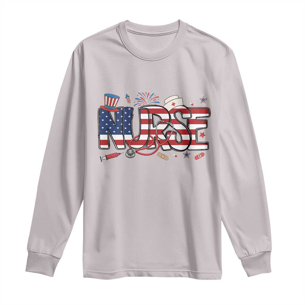 USA 250 Proud American Nurse Long Sleeve Shirt Patriotic Healthcare Hero TS12 Ice Gray Print Your Wear