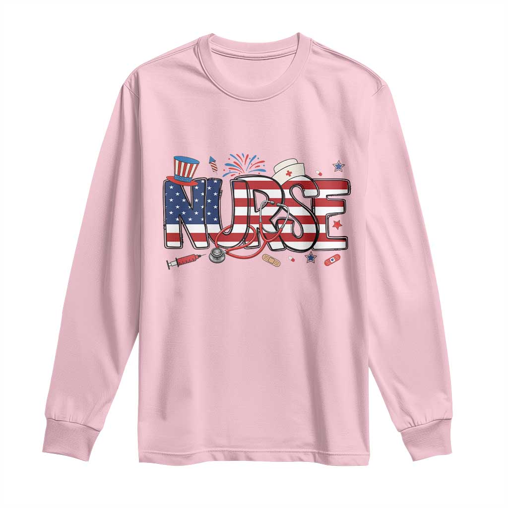 USA 250 Proud American Nurse Long Sleeve Shirt Patriotic Healthcare Hero TS12 Light Pink Print Your Wear