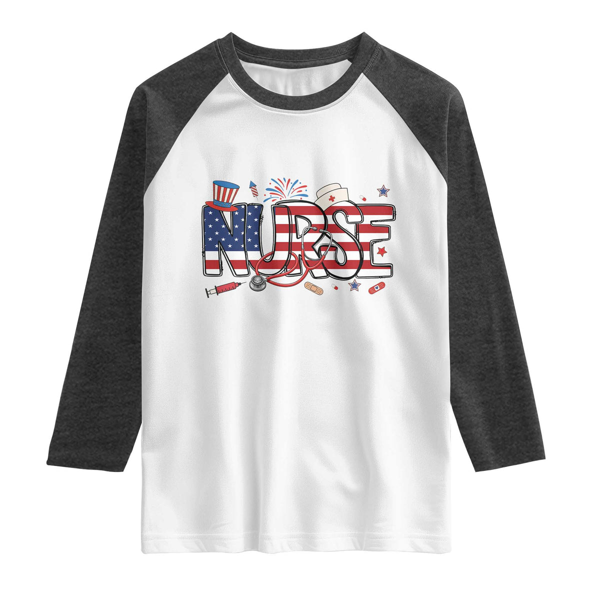 USA 250 Proud American Nurse Raglan Shirt Patriotic Healthcare Hero TS12 White Heather Charcoal Print Your Wear