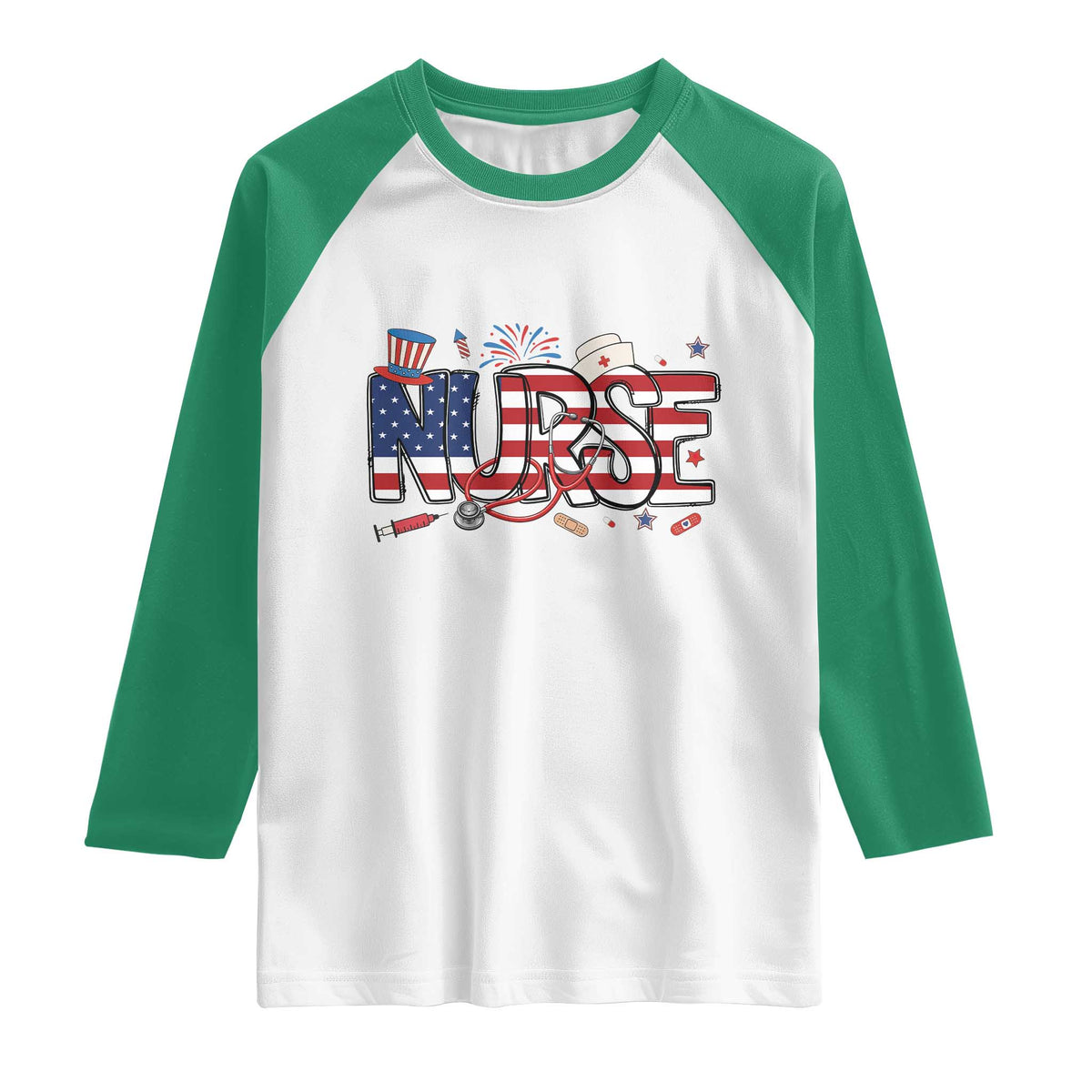 USA 250 Proud American Nurse Raglan Shirt Patriotic Healthcare Hero TS12 White Kelly Green Print Your Wear